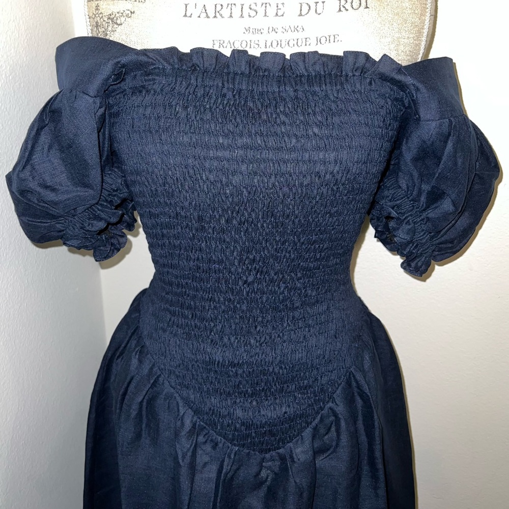 SOLD New Sleeper Dress Linen Handmade Belle Blue Large L NWT Midi Maxi Smocked - Picture 5 of 13